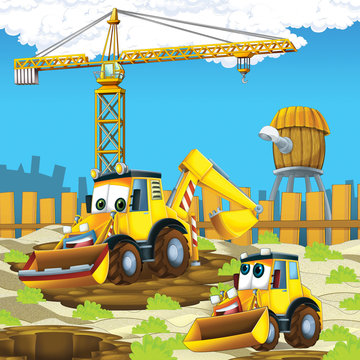 cartoon scene with diggers on construction site father and son - illustration for the children