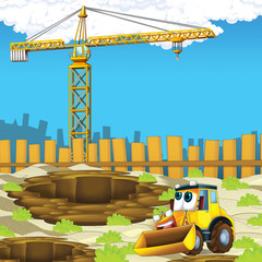 Obraz na płótnie Canvas cartoon scene with digger on construction site - illustration for the children