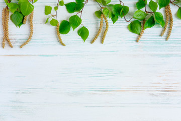 Frame for text with leaves and earrings of birch on a light wooden background. Spring greeting card design with birch branches and leaves. View from above