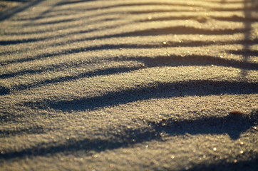 Texture of sand on the beach in the sunlight as background. Ukraine. Shallow depth of field, close-up.