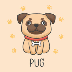 Cute pug dog cartoon hand drawn style