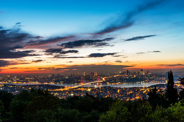 Naklejka premium Istanbul Bosphorus Bridge at sunset. 15th July Martyrs Bridge. Night view from Camlica Hill. Istanbul, Turkey..