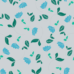 Blossom floral seamless pattern. Blooming botanical motifs scattered random. Colorful vector texture. Good for fashion prints and design. Hand drawn small blue flowers with leaves on grey background.