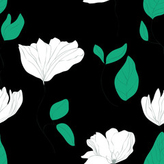 Blossom floral seamless pattern. Blooming botanical motifs scattered random. Colorful vector texture. Good for fashion prints. Hand drawn white flowers with leaves on black background