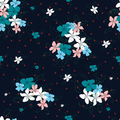 Blossom floral seamless pattern. Blooming botanical motifs scattered random. Colorful vector texture. Good for fashion prints. Hand drawn small flowers on dark blue background with polka dots