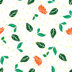 Blossom floral seamless pattern. Blooming botanical motifs scattered random. Colorful vector texture. Good for fashion prints. Hand drawn orange flowers with leaves on white background with polka dots