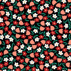 Blossom floral seamless pattern. Blooming botanical motifs scattered random. Ditsy print. Colorful vector texture. Good for fashion prints. Hand drawn small flowers with leaves on black background