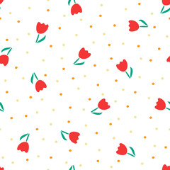 Blossom floral seamless pattern. Blooming botanical motifs scattered random. Colorful vector texture. Good for fashion prints. Hand drawn red tulips with leaves on white background with polka dots © Marharyta