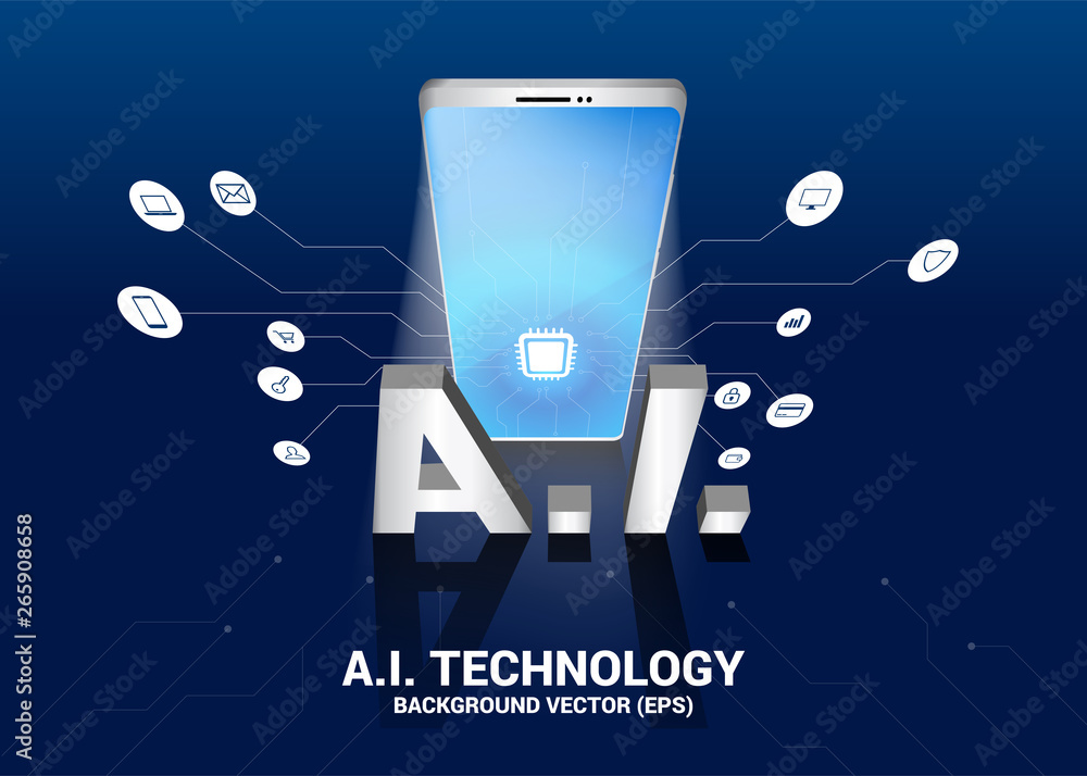 Poster a.i. text and mobile phone 3D with circuit line graphic. concept of mobile telecommunication with machine learning. Artificial Intelligence