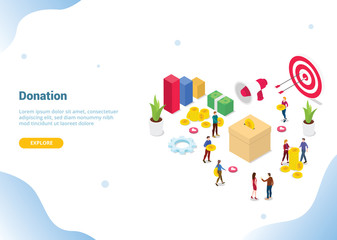 isometric people donation concept for website template landing homepage or banner - vector