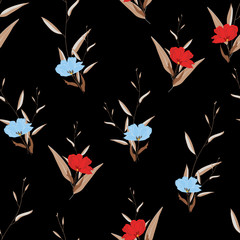 Silhouette abstract seamless pattern with leaves and flowers on polka dots background. Blossom floral vector texture in modern style. Hand drawn peonies in pastel colors. Good for fashion prints