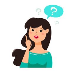Thinking woman with question marks. Vector cartoon illustration on white background in flat style.