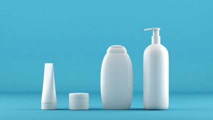 Blank cosmetics packaging containers on blue background, 3d illustration