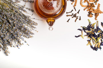 Teapot and herbal collection.