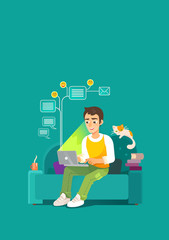Young Man Student or Freelancer with Laptop Work Remotely at Home sitting on the couch. People Using Technology Computer Network Vector Illustration