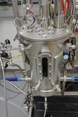 Close-up of a stainless steel bioreactor used to grow bacteria 