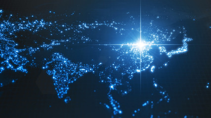 power of china, energy beam on Beijing. dark map with illuminated cities and human density areas. 3d illustration