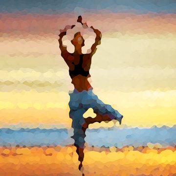 Yoga Pose. Silhouette of a woman on sunset background of blue sky