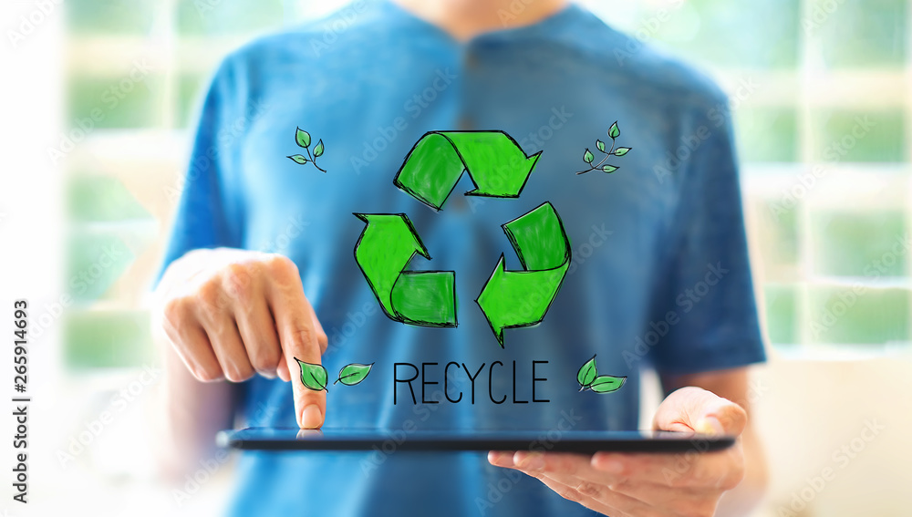 Poster recycle with young man using a tablet computer