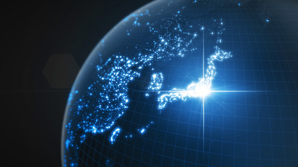 power of japan, energy beam on tokyo. dark globe with illuminated cities and human density areas. 3d illustration