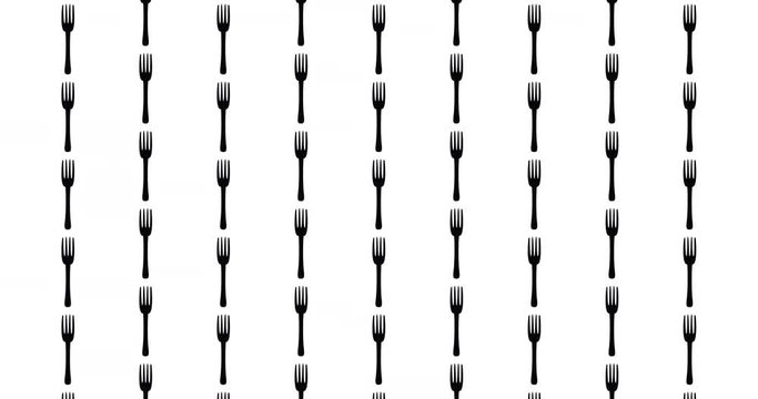 Forks background clip food & kitchen themed motion backdrop video in a seamless repeating loop. Black & white fork icon restaurant & eating pattern background high definition motion video clip