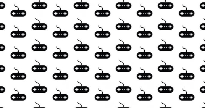 Classic video games background video clip motion backdrop video in a seamless repeating loop.  Black & white video game controller icons gaming pattern white background high definition motion clip