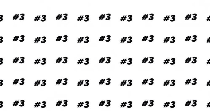 Number three #3 countdown sequence background clip motion backdrop video in a seamless repeating loop.  Black and white number 3 icons pattern background high definition motion video clip
