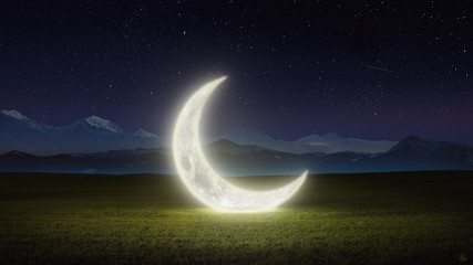 Fantasy Moon in Grassy Field