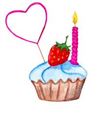 Cupcake with a strawberrry, a cake pick and a candle. Hand drawn watercolor illustration isolated on white background. 