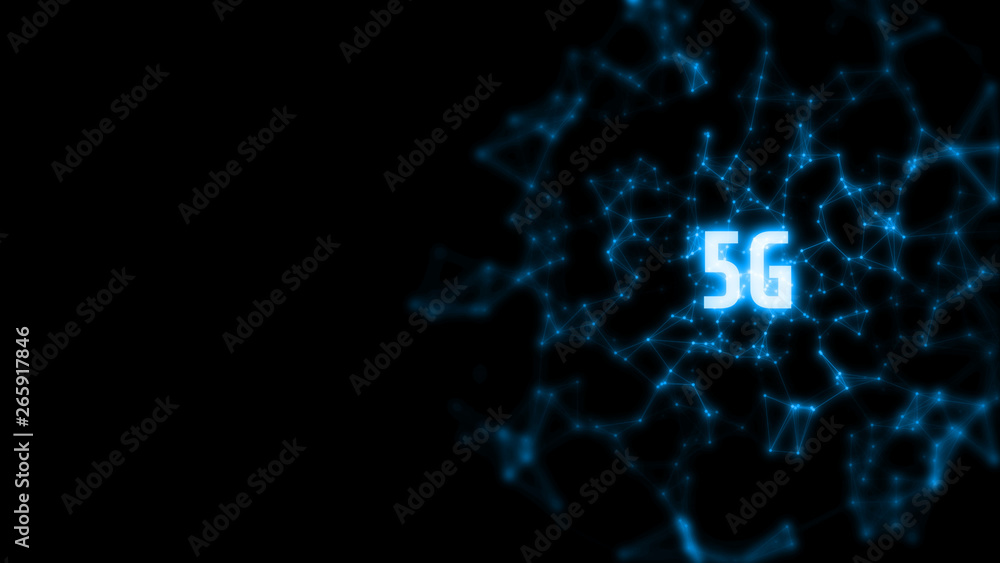Poster 3d rendering of network communication nodes connected with glowing lines and 5g text. concept of lig