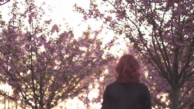 Happy young travel dancer woman enjoying free time in a sakura cherry blossom park - Caucasian white redhead girl - Dressed black chocker, black dress and black golfs