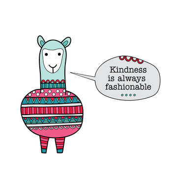 Kindness is always fashionable speech bubble with alpaca vector illustration