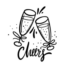 Cheers lettering with hand drawn wine glasses. Black and white colors vector illustration. Isolated on white background.