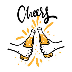 Cheers with beer glasses. Hand drawn vector illustration. Cartoon style. Isolated on white background.