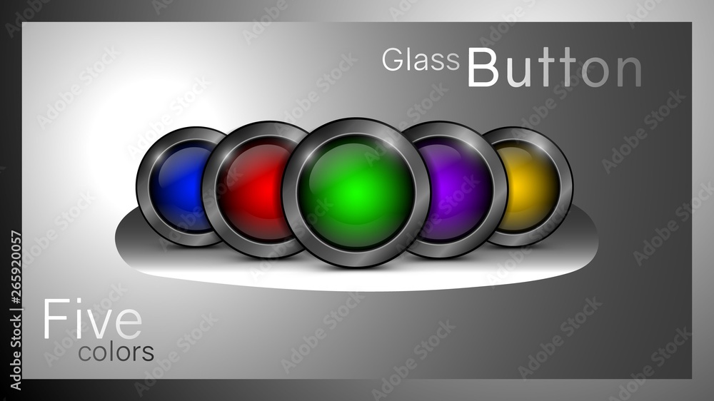 Poster vector set of glass buttons red, blue, yellow, green and purple color. buttons designed for web desi