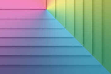 Geometrical rectangle modern abstract background. Each shape overlaps ranging from light to dark tones. Shadows create depth & 3D look. An angle gradient in blue, green & pink create color rays. 