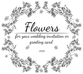 Wreath of roses or peonies flowers and branches isolated on white background. Foral frame design elements for invitations, greeting cards, posters. Hand drawn vector illustration. Line art. Sketch