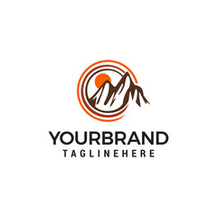 Mountain sun logo design concept template vector