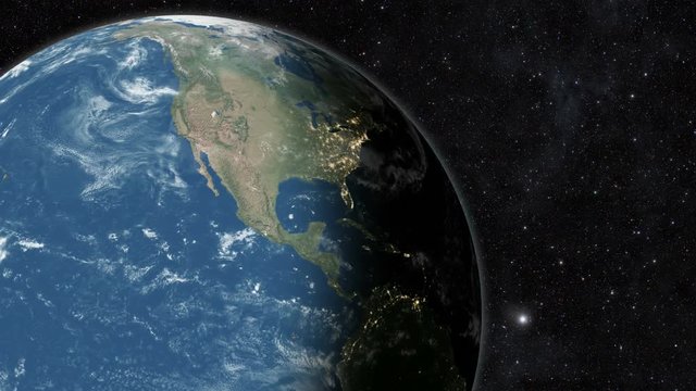 Planet earth from space. Day to night world globe spinning slowly animation. Loopable 16 Seconds 3D animation - full revolution of the planet around its axis.