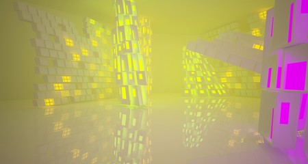 Obraz premium Abstract white Futuristic Sci-Fi interior With Purple And Yellow Glowing Neon Tubes . 3D illustration and rendering.