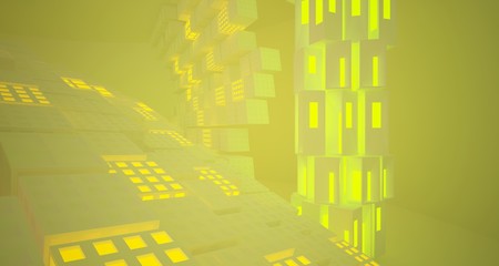 Abstract  white Futuristic Sci-Fi interior With Purple And Yellow Glowing Neon Tubes . 3D illustration and rendering.