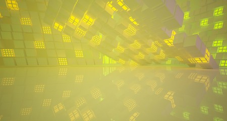 Abstract  white Futuristic Sci-Fi interior With Purple And Yellow Glowing Neon Tubes . 3D illustration and rendering.