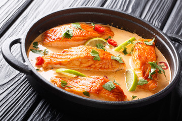 fillet of red fish salmon with coconut sauce, lime and herbs close-up in a pan. horizontal