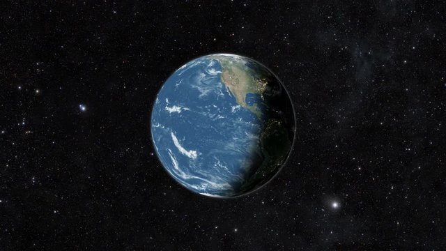 Planet earth from space. Zoom out -Day to night world globe spinning slowly animation. 16 Seconds 3D animation - full revolution of the planet around its axis.