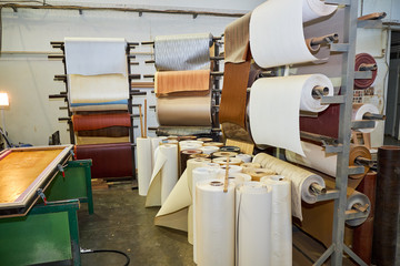warehouse with veneer rolls, production of interior doors