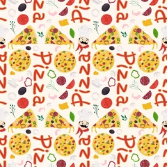 Fototapeten seamless pattern_4_illustration, on the theme of Italian pizza cuisine, for decoration and design flat style © svarog19801