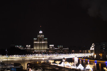 Moscow. Russia. January 4, 2019. Moskvoretskaya embankment. Residential building on Kotelnicheskaya...