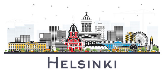 Helsinki Finland City Skyline with Color Buildings Isolated on White.