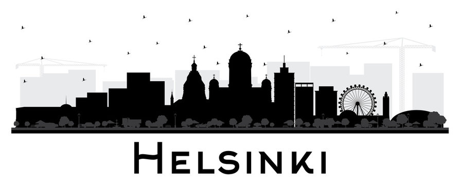 Helsinki Finland City Skyline Silhouette with Black Buildings Isolated on White.