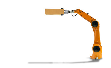 Robot arm hold the box industry Mechanical technology on a white background.